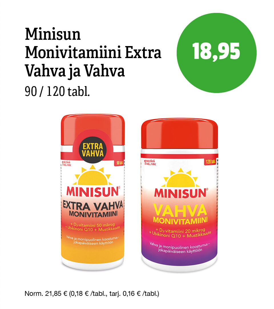 Minisun Monivitamiini Extra Vahva ja Vahva -tarjouksessa
