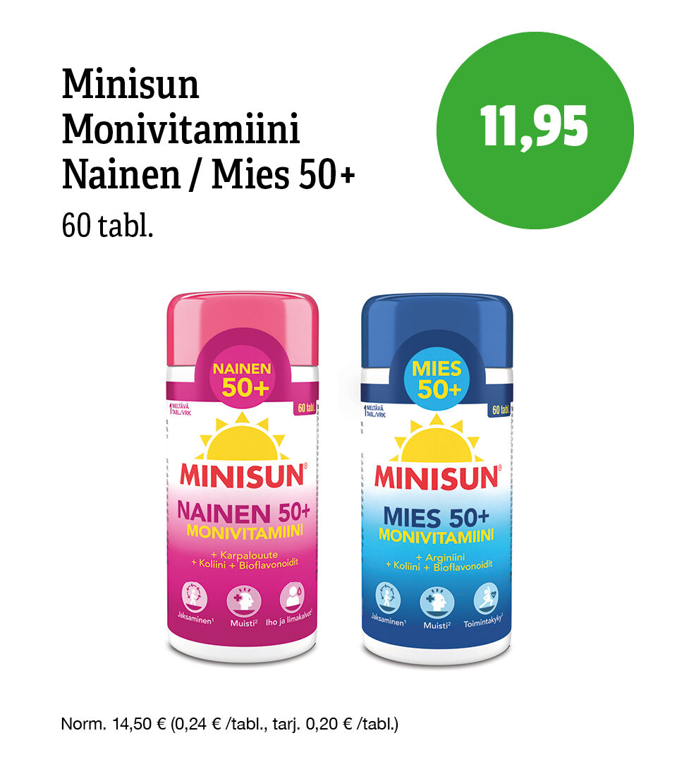 Minisun Monivitamiini Nainen 50+ ja Mies 50+ -tarjouksessa