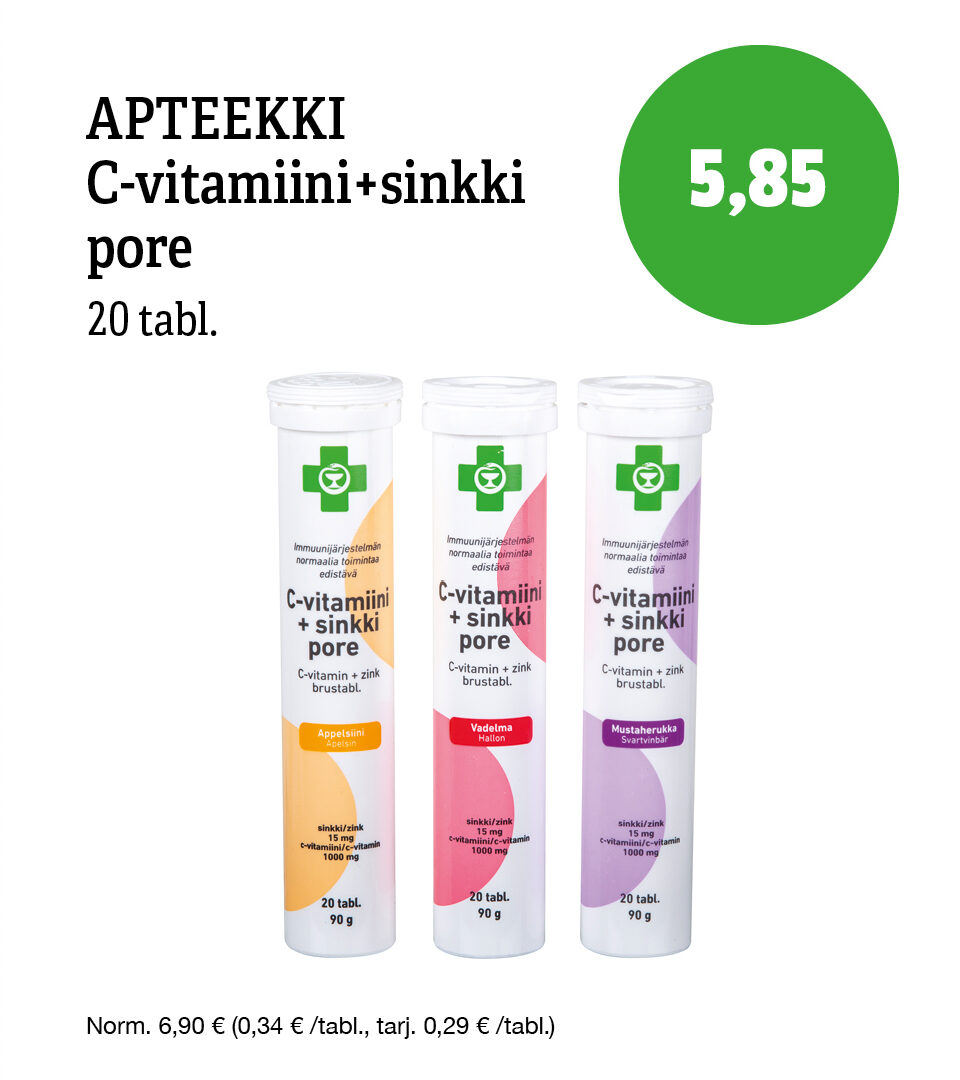 Apteekki C-vitamiini + sinkki -poretabletit tarjouksessa